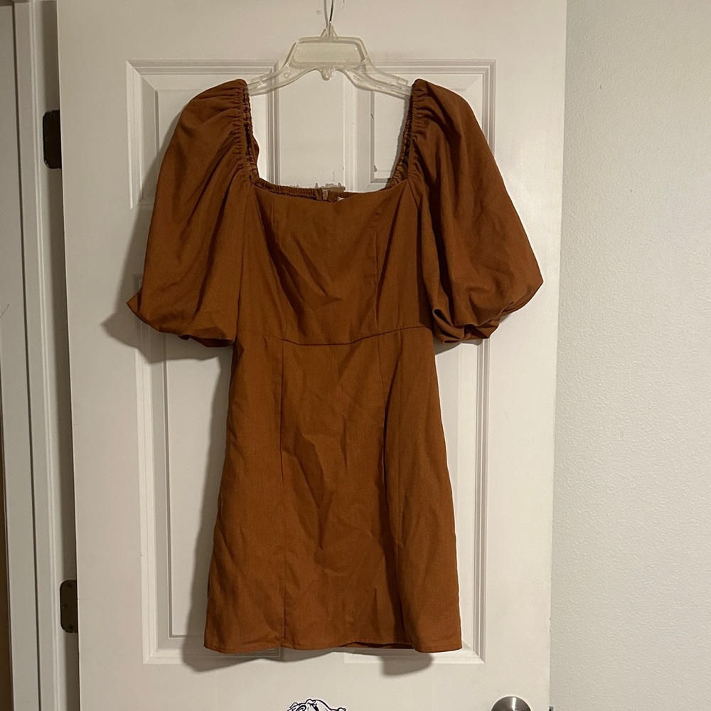 Rust Puff Sleeve Mini Dress